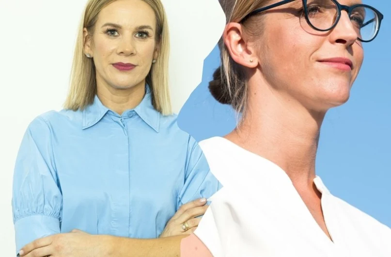 Porównujemy styl żon kandydatów na prezydenta Dwie kobiety na jasnym tle, każda przedstawiona w innej stylizacji – jedna w błękitnej koszuli z założonymi rękoma, druga w białym stroju medycznym i okularach, patrząca w bok.