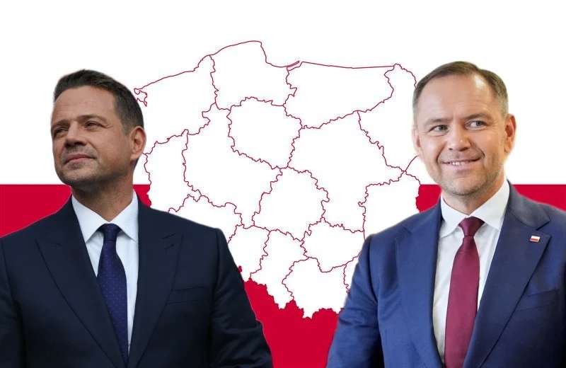 Rafał Trzaskowski kontra Karol Nawrocki - na kogo ostatecznie postawią Polacy? Dwóch elegancko ubranych mężczyzn stoi na tle biało-czerwonej flagi Polski oraz konturowej mapy kraju podzielonej na województwa; obaj uśmiechają się, skupiając uwagę na sobie.