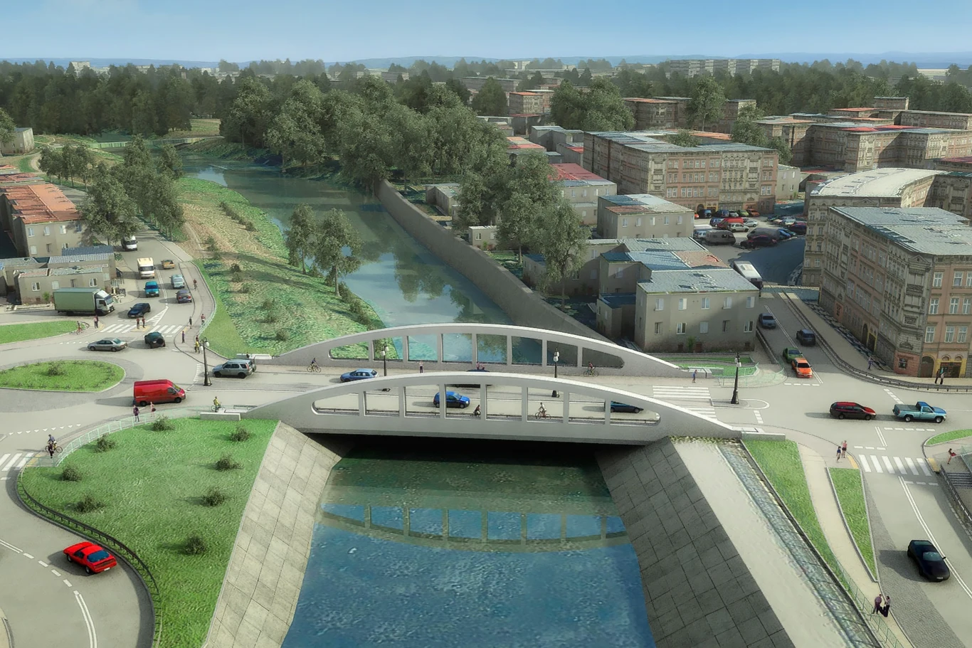 Wkrótce ruszy budowa nowego mostu w Głuchołazach. Nowoczesny most łukowy nad rzeką w centrum miasta, pod którym płynie czysta woda, otoczony ulicami z samochodami oraz zabudową miejską i zielenią. W tle rozciągają się dzielnice mieszkalne i drzewa.