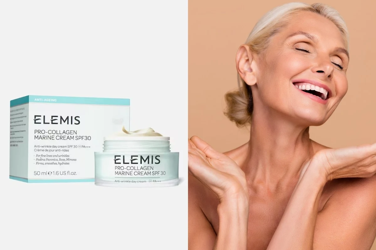 Starsza kobieta z jasnymi włosami, uśmiechnięta i zrelaksowana, pozuje obok kremu do twarzy Elemis Pro-Collagen Marine Cream SPF30, którego opakowanie i słoiczek ustawione są na jasnym tle.
