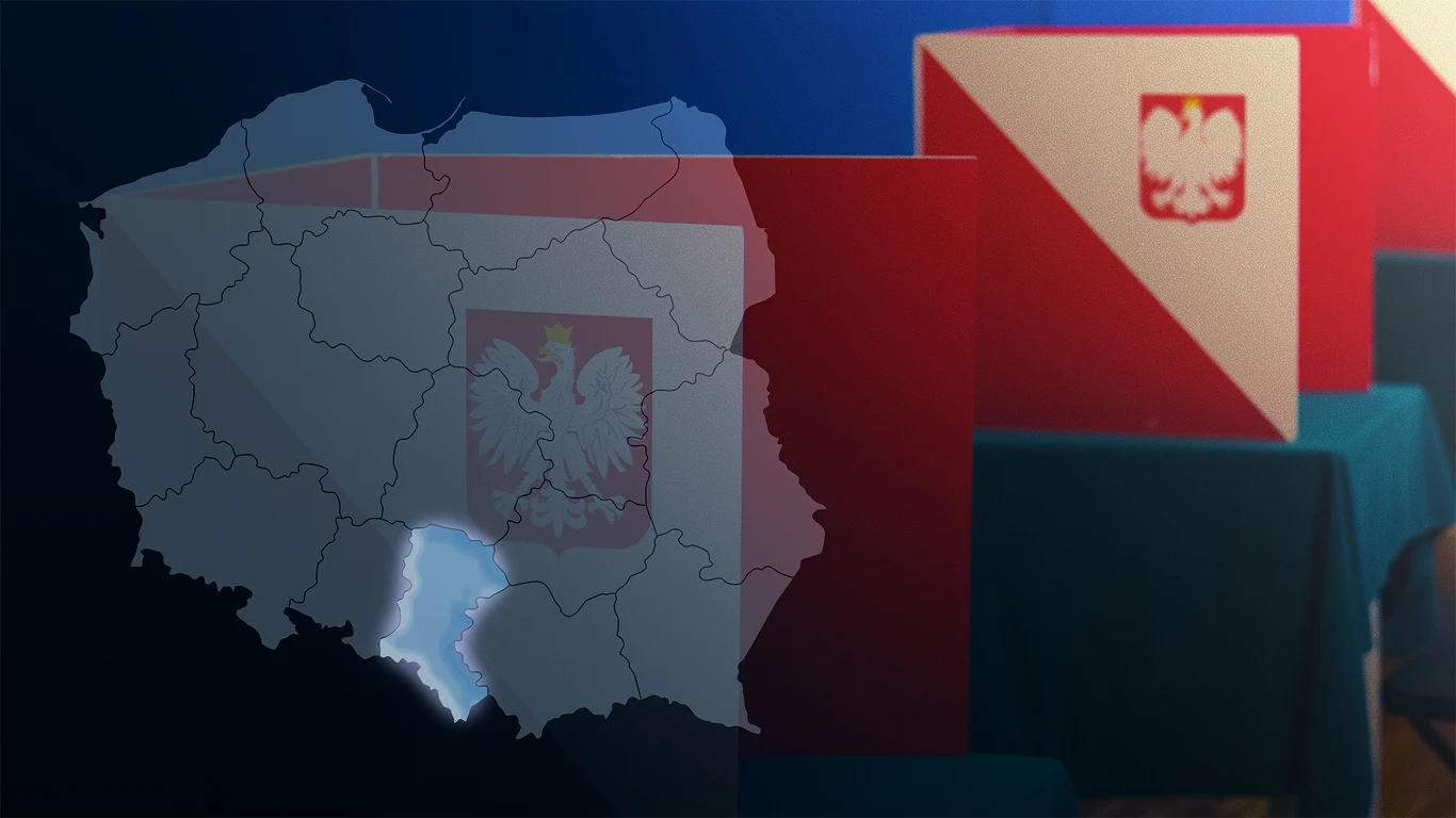 Jak zagłosowało woj. śląskie w II turze? Znamy wyniki Mapa Polski z wyróżnionym województwem śląskim na tle urn wyborczych ozdobionych godłem Polski.