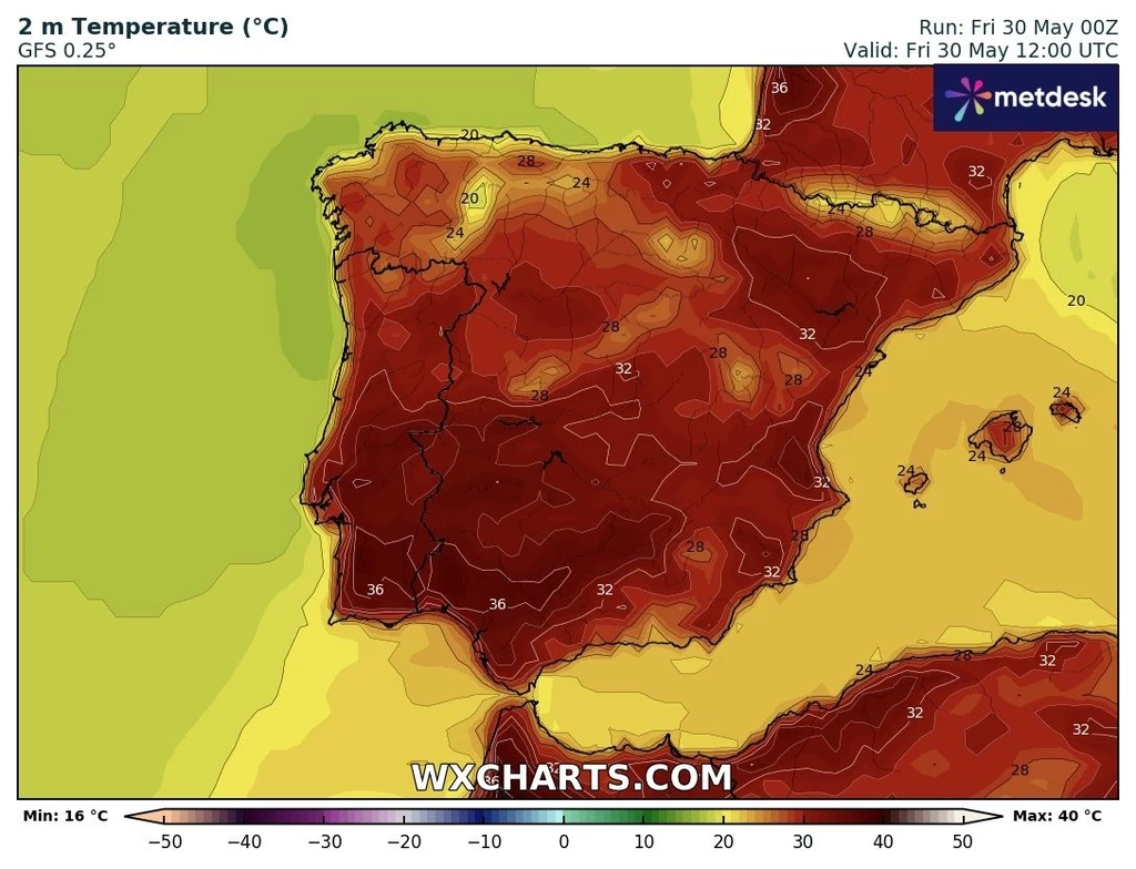 Z temperaturami zbliżonymi do 40 stopni Celsjusza w najbliższym czasie będą się zmagać mieszkańcy całego Półwyspu Iberyjskiego Kolorowa mapa temperatur przedstawiająca prognozowane upały na Półwyspie Iberyjskim, z najwyższymi temperaturami dochodzącymi do 36°C głównie w centrum i południu Hiszpanii oraz Portugalii, oznaczonymi intensywnym odcieniem czerwieni.