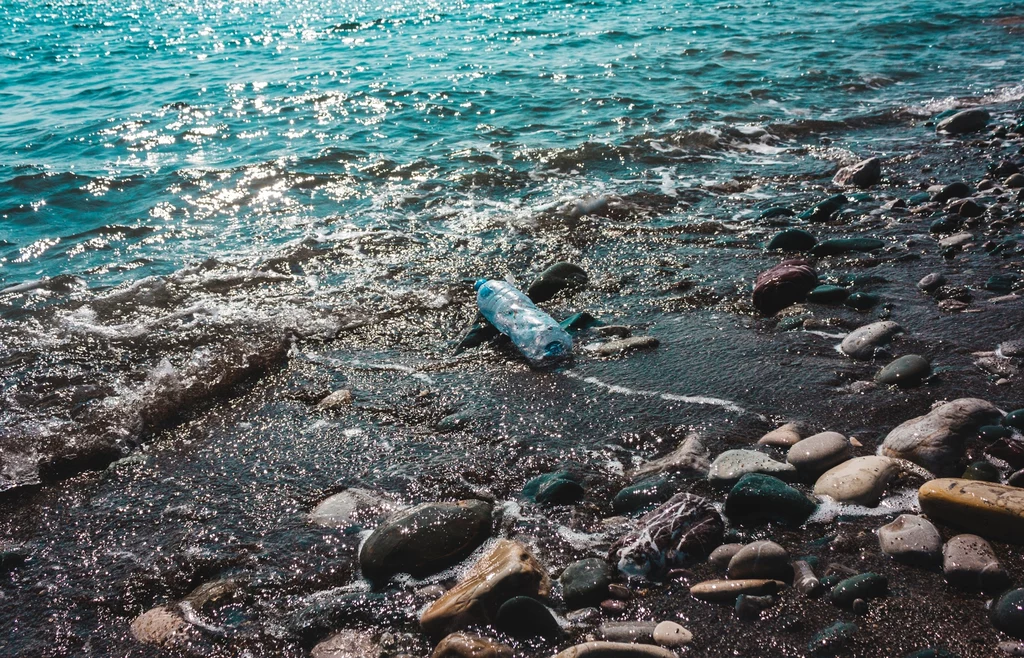 Powszechny widok niemal na całym świecie Plastikowa butelka wyrzucona na żwirową plażę nad brzegiem morza, w tle błękitna woda i fale delikatnie uderzające o brzeg.
