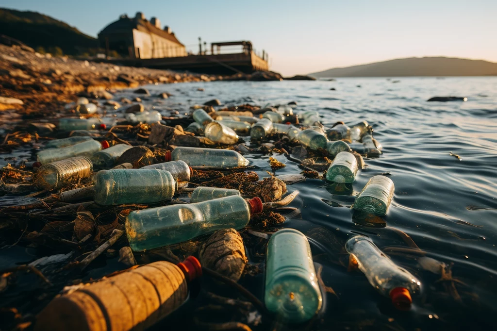 Fale wymywają z klifów fragmenty baterii, odpady medyczne, azbest, a nawet odpady przemysłowe zawierające cyjanki i fluorki Plastikowe butelki i inne śmieci dryfujące przy brzegu jeziora lub rzeki, z widokiem na budynek oraz mole w tle podczas zachodu słońca