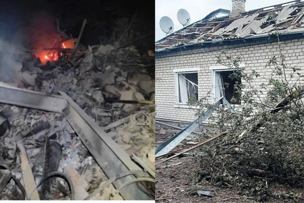 Rosjanie dokonali kolejnych bombardowań na Ukrainę w nocy z piątku na sobotę Ruiny budynku z pożarem w tle oraz zniszczony dach i wybite okna w białym domu z widocznymi uszkodzeniami i fragmentami gruzu na ziemi.