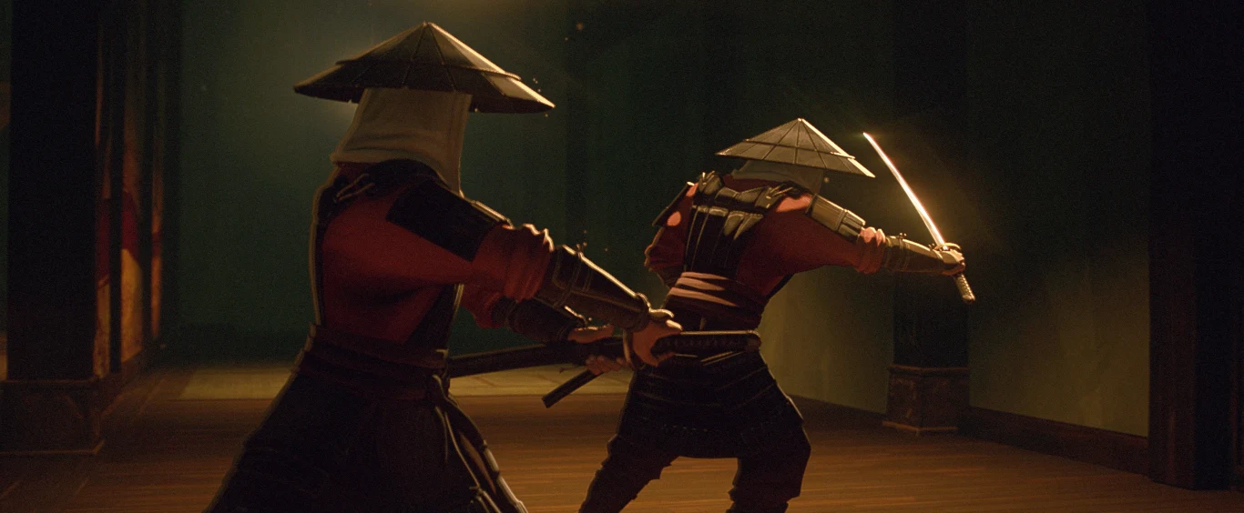 "Predator: Pogromca Zabójców" Dwóch wojowników ubranych w tradycyjne stroje z szerokimi kapeluszami konfrontuje się w ciemnym wnętrzu, trzymając miecze w gotowości do walki.