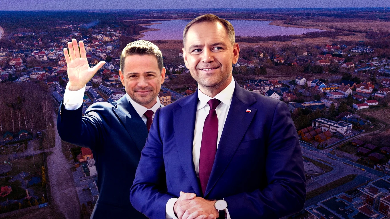 Wybory prezydenckie 2025. Wyniki wyborów. Jak głosowali mieszkańcy wsi i miast? (Grafika: Aleksandra Włodarczyk) Dwóch mężczyzn w garniturach stoi na pierwszym planie, jeden z nich uśmiecha się i macha ręką, w tle panorama miasta z rozległym jeziorem i licznymi domami jednorodzinnymi.