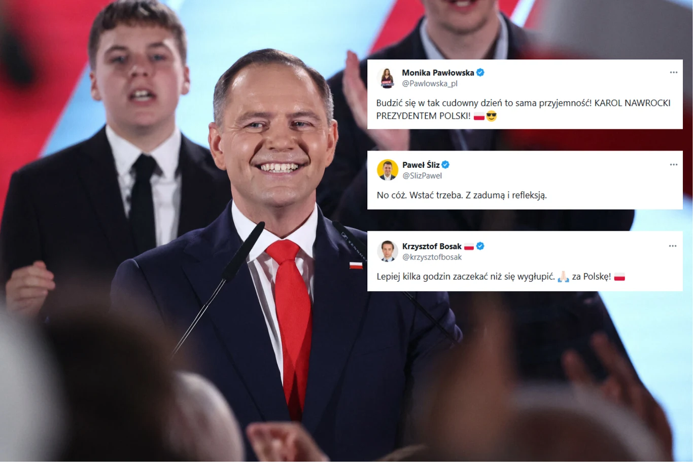 Fala komentarzy w sieci po zwycięstwie Karola Nawrockiego Uśmiechnięty mężczyzna w garniturze z czerwoną krawatą stoi na tle ludzi w garniturach, w tle wyświetlone wpisy z mediów społecznościowych dotyczące jego kandydatury na prezydenta Polski