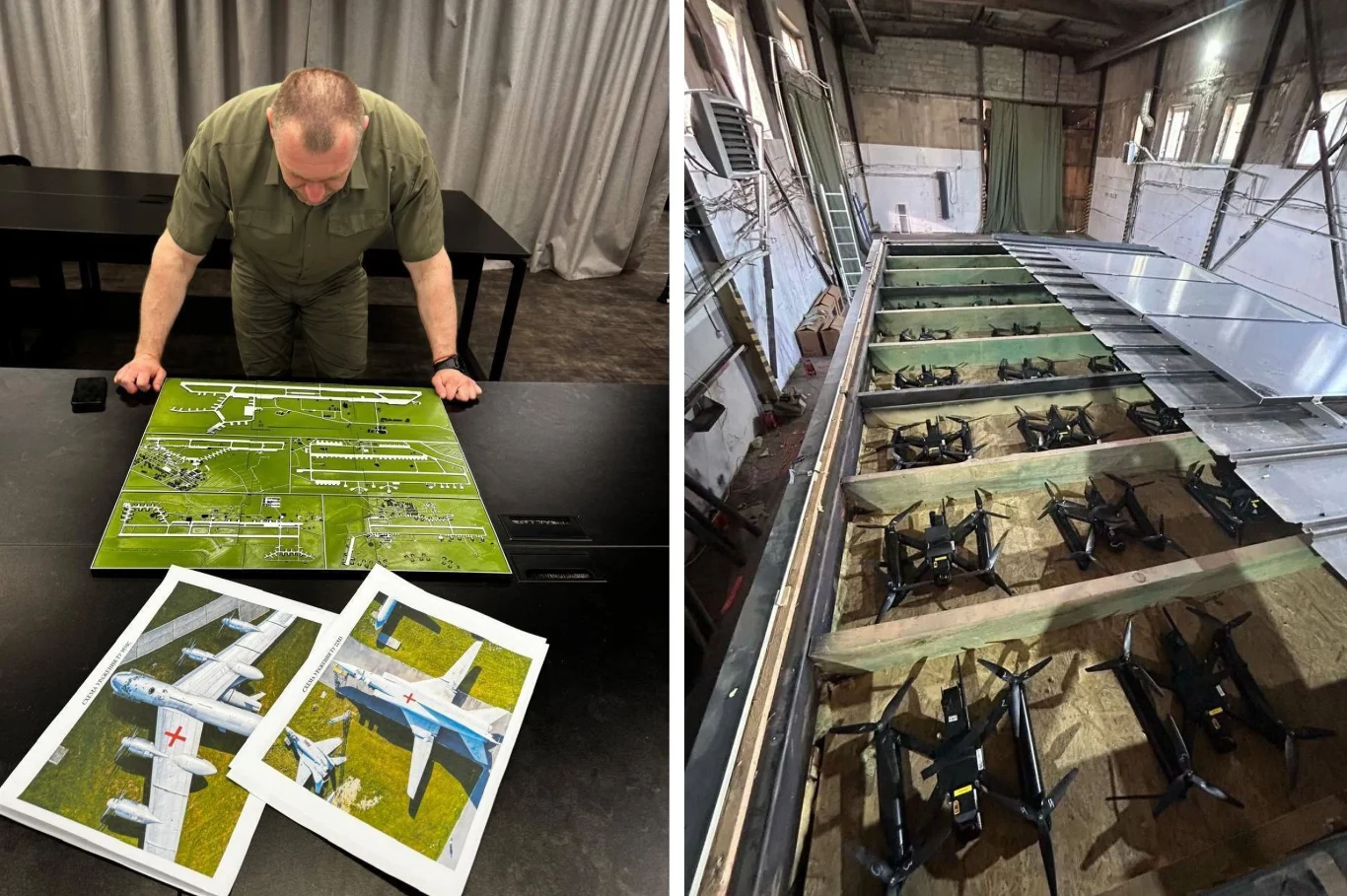 "Pajęczyna" była planowana od półtora roku. Ukraińcy celowali w słabe punkty rosyjskich samolotów Mężczyzna przegląda schematy i zdjęcia samolotów oraz makietę na stole, obok widać wnętrze hangaru z rzędem złożonych dronów ustawionych na drewnianej konstrukcji.