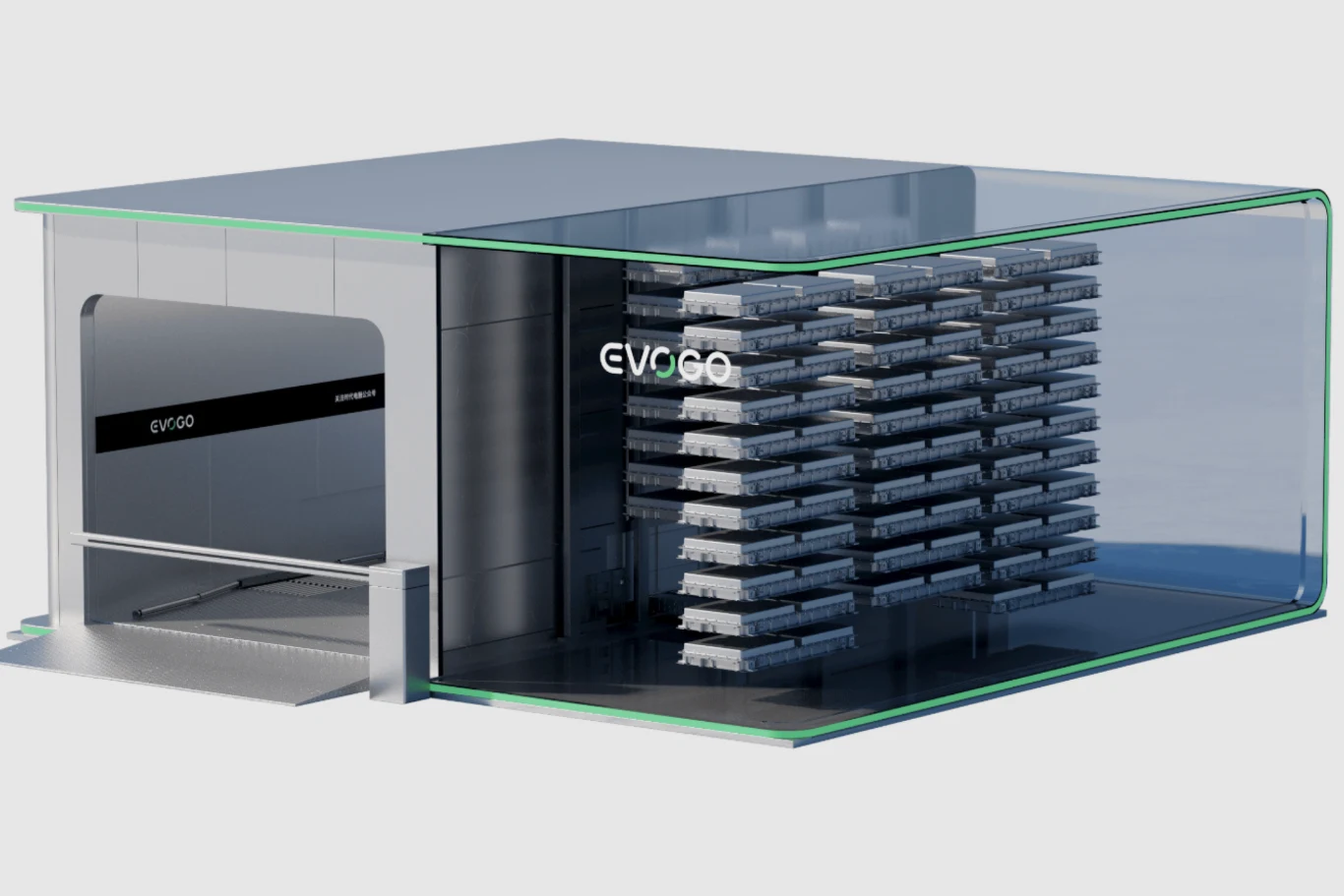 Nowoczesny budynek z przeszklonym frontem, w którym znajduje się wielopoziomowy regał z akumulatorami podpisanymi logo EVOGO, oraz stanowisko do obsługi wymiany baterii przy wejściu.