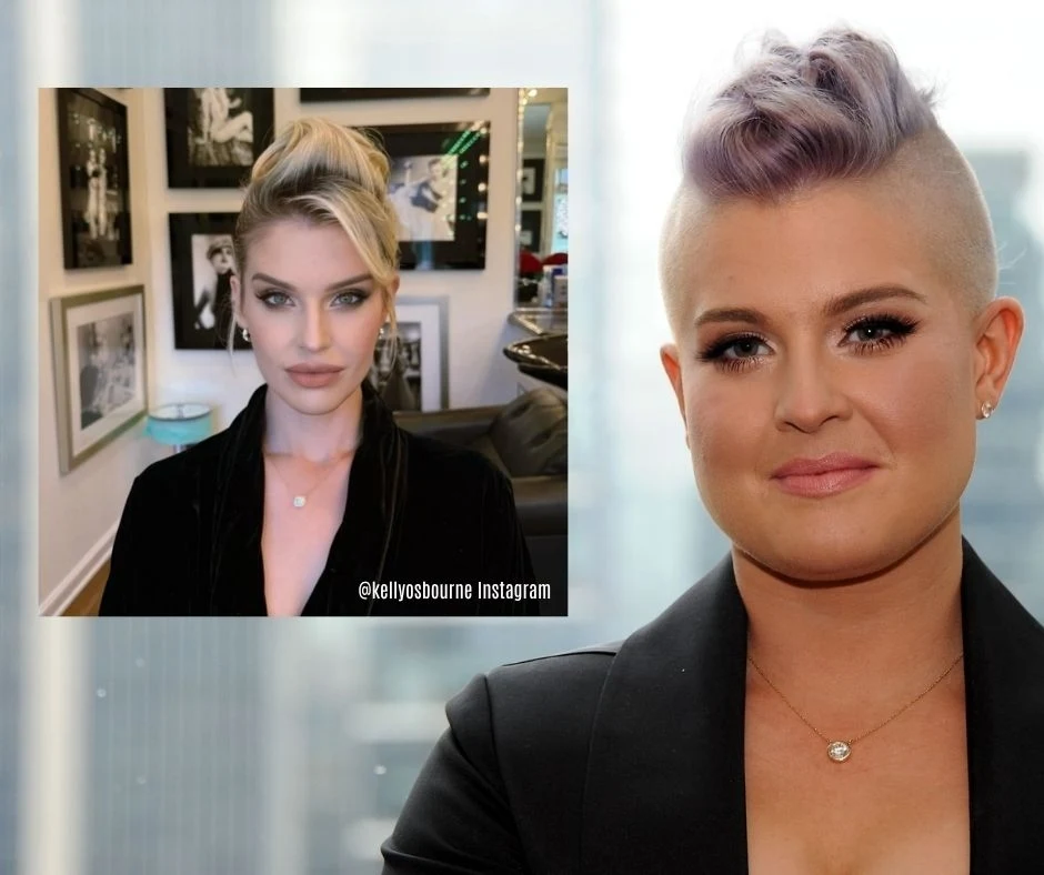 Kelly Osbourne zmieniła się nie do poznania Dwie kobiety o jasnej cerze, jedna z pastelowofioletowymi włosami, druga w eleganckim czarnym stroju na tle ściany z czarno-białymi zdjęciami; obie mają delikatny makijaż i krótkie, modne fryzury.
