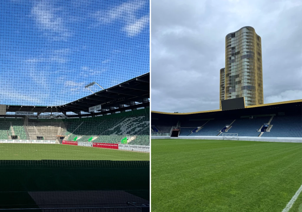 Polki podczas fazy grupowej Euro 2025 zagrają na stadionach w Sankt Gallen i Lucernie Pusta murawa stadionu sportowego otoczona trybunami, po prawej stronie widoczny wysoki wieżowiec w tle, a nad stadionem rozciąga się siatka ochronna oraz niebo częściowo pokryte chmurami.