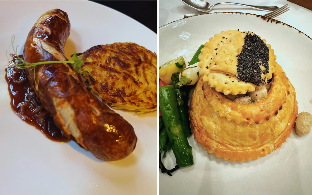 Elegancko podane dania: z lewej strony grillowana kiełbasa na cebulce z plackiem ziemniaczanym, z prawej wykwintna potrawa w cieście francuskim z czarnym kawiorem, obok warzywa i kremowy dodatek.