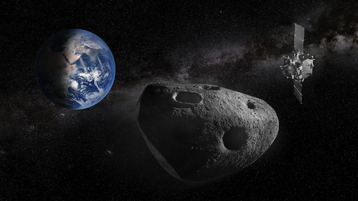 Chiny chcą uratować Ziemię przed katastrofą. Uderzą statkiem w asteroidę. Planeta Ziemia widoczna na tle przestrzeni kosmicznej, w jej pobliżu duża asteroida oraz sonda kosmiczna unosząca się w przestrzeni, całość otoczona gwiazdami.