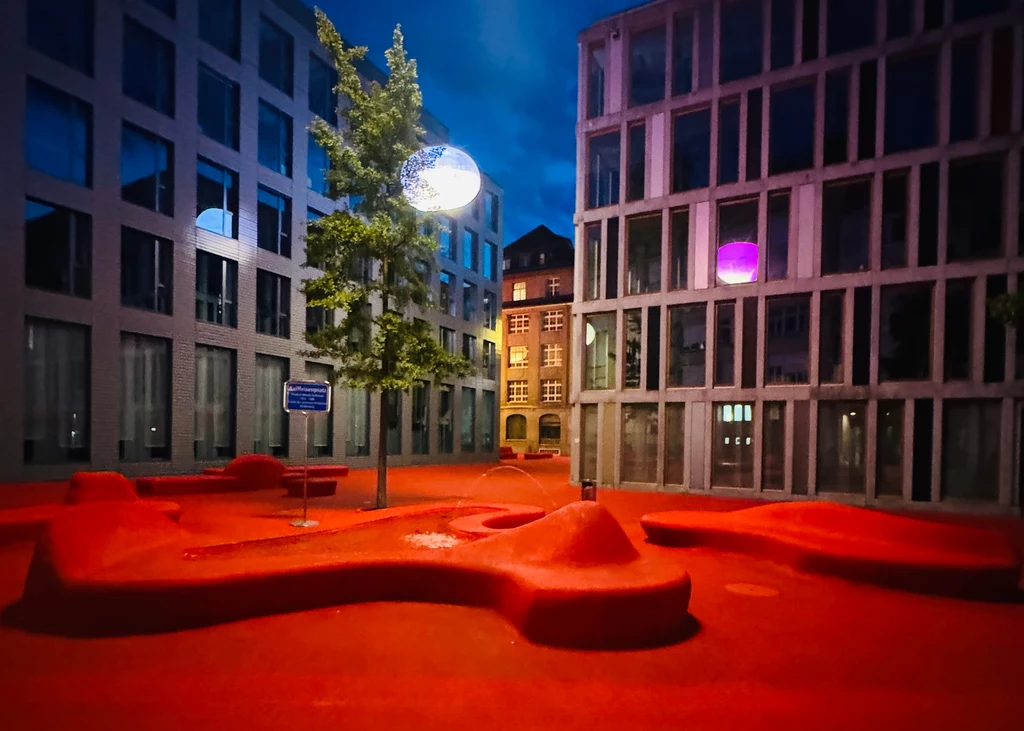 Instalacja w centrum Sankt Gallen została zaprojketowana przez architekta Carlosa Martineza i artystkę multimedialną Pipilotti Ristę w 2005 roku Jasnoczerwona nowoczesna przestrzeń miejska otoczona szklanymi biurowcami, pośrodku drzewo oraz fantazyjne ławki i niewielka fontanna podświetlone kolorowymi lampami wczesnym wieczorem.