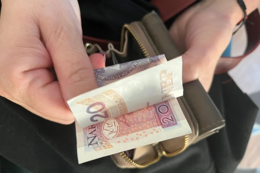 Ręka trzymająca banknoty 20 złotych nad otwartym portfelem 