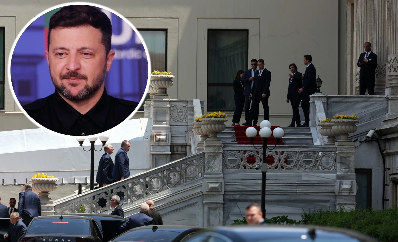 Delegacja rosyjska przybyła do Stambułu na negocjacje z Rosją Spotkanie dyplomatyczne z udziałem kilku mężczyzn w garniturach stojących na marmurowych schodach przed okazałym budynkiem, na grafice wstawione duże zbliżenie mężczyzny z brodą.