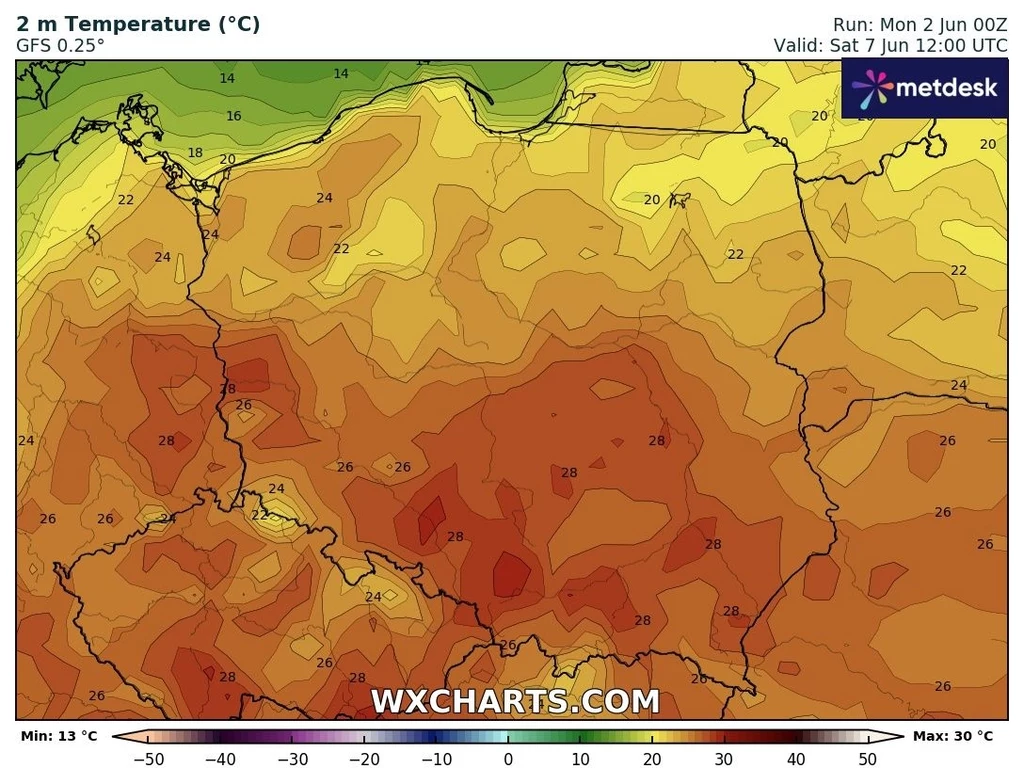 W sobotę możemy doświadczyć upału. Miejscami na wschodzie i południu może być do 30 st. C Kolorowa mapa Polski z naniesionymi prognozowanymi temperaturami powietrza na poziomie 2 metrów, gdzie wartości sięgają od 13°C do 30°C, najwyższe temperatury występują w centralnej i południowej części kraju.