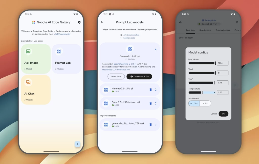 Trzy ekrany smartfona prezentujące różne widoki aplikacji mobilnej, w tym główną stronę narzędzia AI, listę modeli dostępnych do pobrania oraz panel konfiguracji modelu z ustawieniami takimi jak maksymalna liczba tokenów, temperatura i wybór procesora.
