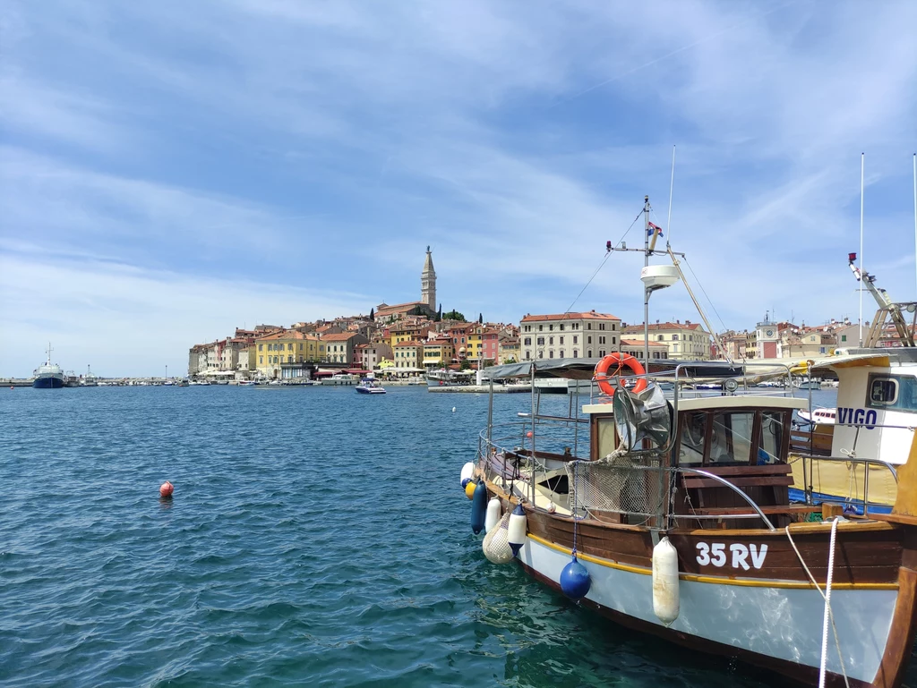 Rovinj to malowniczne miasteczko na półwyspie Istria Malowniczy port z tradycyjnymi łodziami przy nabrzeżu, w tle kompaktowa zabudowa historycznego miasta z charakterystyczną wieżą kościelną na wzgórzu, spokojna tafla wody i błękitne niebo.
