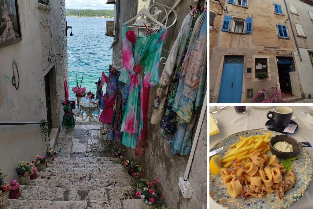 Rovinj pełne jest urokliwych zakamarków Kamienne schody prowadzące do morza, ozdobione kwiatami i otoczone kolorowymi sukniami na wieszakach, obok fasada budynku z niebieskimi oknami i rowerem przy ścianie oraz talerz z owocami morza, frytkami i sosem.