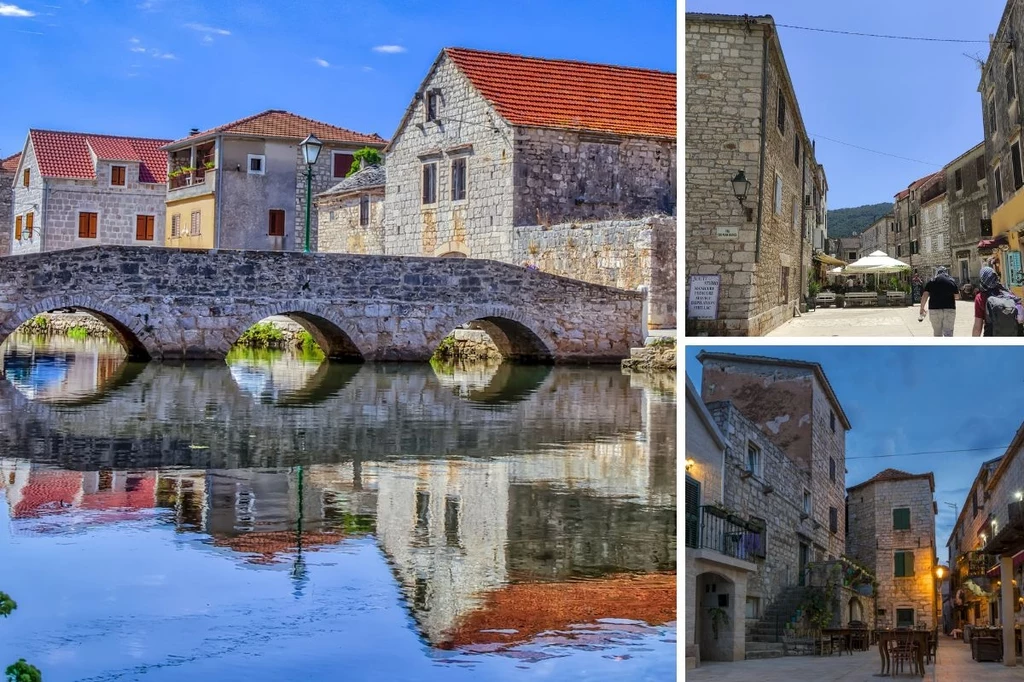 Vrbosk i Stari Grad Kamienny most z trzema łukami odbijający się w spokojnej wodzie, otoczony zabytkowymi budynkami z czerwonymi dachami, oraz malownicze kamienne uliczki z historyczną zabudową, stołami na zewnątrz oraz przechodniami spacerującymi wśród budynków.
