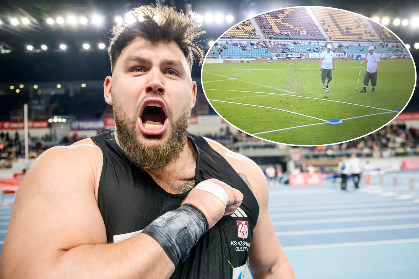 Konrad Bukowiecki pchnął w Pradze ponad 21 metrów! Sportowiec z brodą i głośno wykrzykujący, trzyma ręką koszulkę na klatce piersiowej, w tle widoczna hala sportowa oraz wstawka pokazująca dwóch sędziów lub zawodników na stadionie lekkoatletycznym.