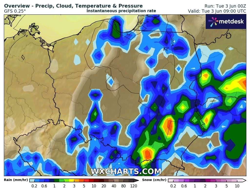 Burze i ulewy opanują przede wszystkim wschodnią połowę Polski Mapa meteorologiczna z prognozami intensywności opadów, chmur, temperatury i ciśnienia, prezentująca zwiększone opady w południowo-wschodniej części obszaru, oznaczone różnymi kolorami według skali, z wyraźnymi strefami silnych opadów oraz zaznaczonymi...