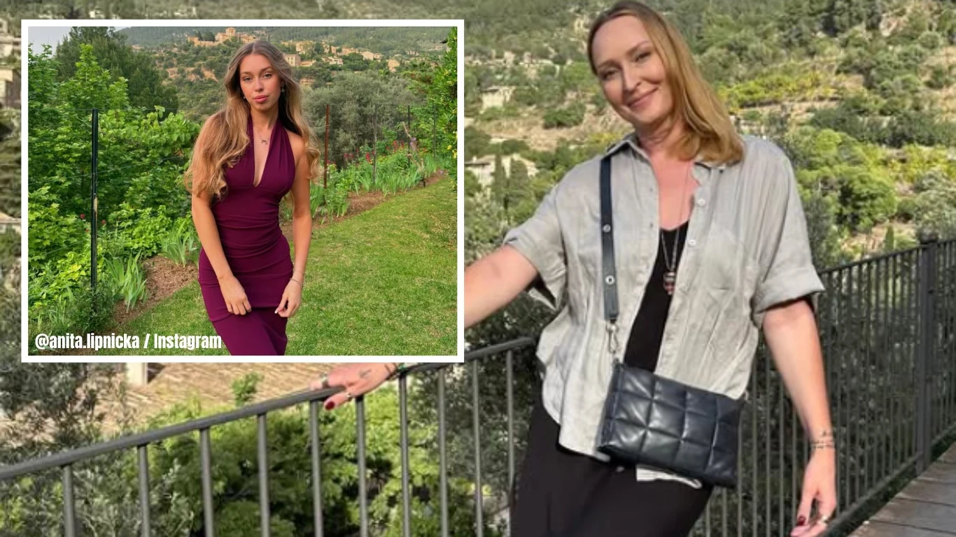 Dwie kobiety w przyjaznym otoczeniu natury, jedna w eleganckiej fioletowej sukience na tle zieleni ogrodu, druga uśmiechnięta na mostku z widokiem na górskie krajobrazy