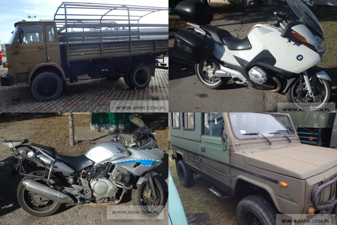 AMW w Poznaniu sprzedaje motocykle, terenówki i ciężarówki. Cztery różne pojazdy, dwa motocykle oraz dwa samochody – ciężarowy i terenowy, każdy z pojazdów znajduje się na osobnym fragmencie zdjęcia, ukazując detale ich wyglądu i stan techniczny.