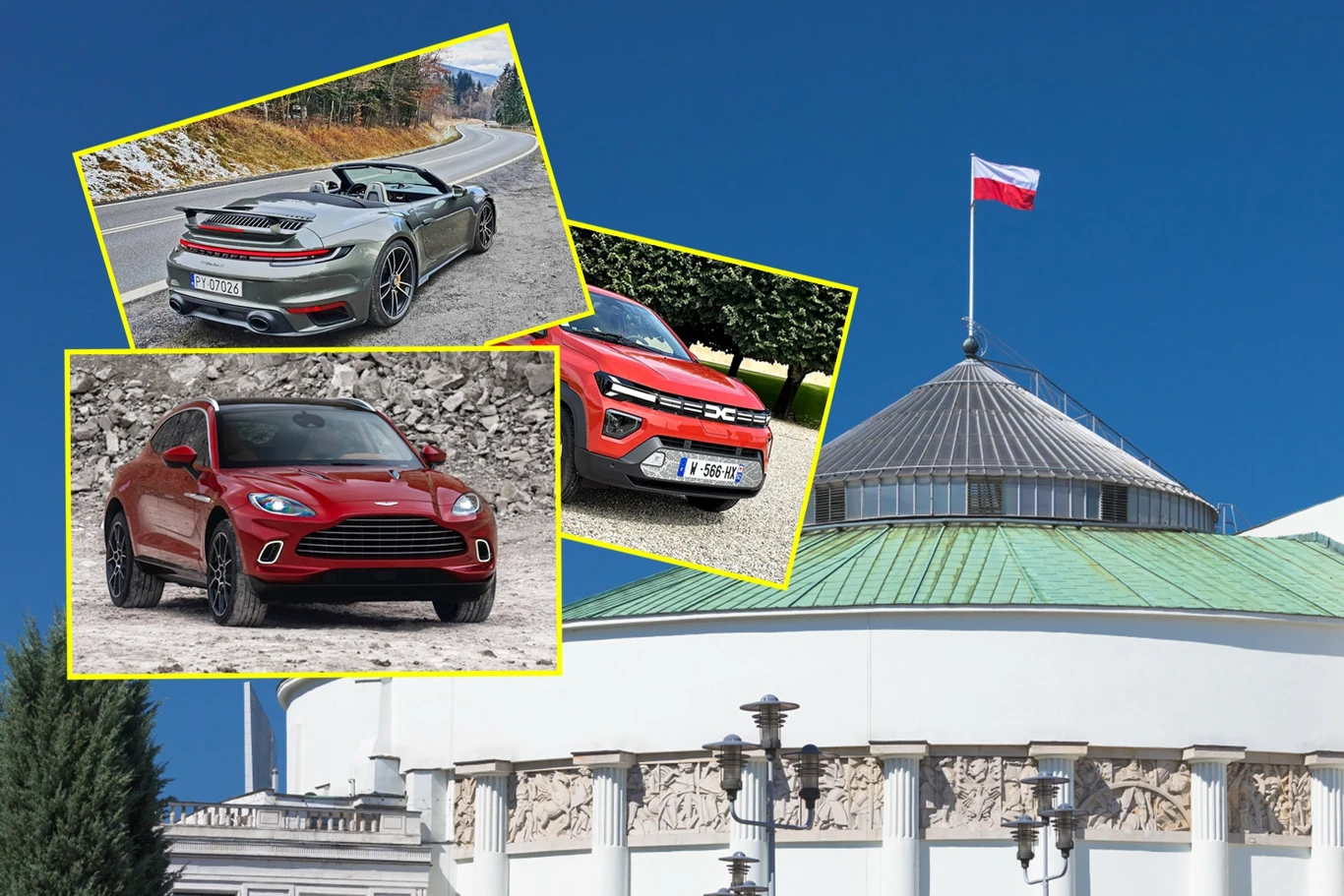 Samochody polskich posłów. Aston Martin, Porsche i Gaz. A co z elektrykami? Budynek Sejmu Rzeczypospolitej Polskiej z polską flagą, na którego tle przedstawiono kolaż trzech samochodów umieszczonych w żółtych ramkach: sportowy kabriolet na krętej drodze, dwa pojazdy typu SUV w różnych plenerach.