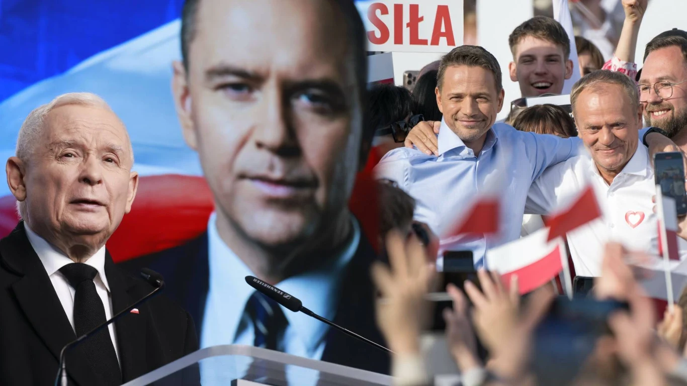 Kuisz: Znamy wyniki wyborów. Czy Polska jest naprawdę zmęczona duopolem? Politycy przemawiający na tle tłumu z polskimi flagami oraz plakatu z powiększonym portretem, w tle grupa ludzi z uśmiechami, atmosfera zgromadzenia wyborczego lub politycznego.