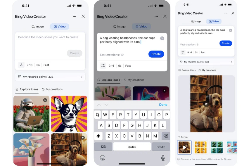 Tworzenie filmów do social mediów będzie jeszcze prostsze Interfejs aplikacji Bing Video Creator na ekranach smartfona, pokazujący funkcje generowania treści wideo i graficznych opartych na opisach tekstowych, z wyróżnionymi ilustracjami psów oraz przykładowymi poleceniami.