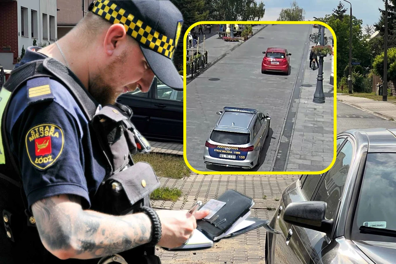 96-latek nie widział i nie słyszał. Wymusił pierwszeństwo patrolowi straży miejskiej. Strażnik miejski wypisujący mandat przy zaparkowanym samochodzie, w tle fragment ulicy oraz pojazd straży miejskiej, na wstawce zbliżenie na dwa samochody stojące na chodniku i osobę przechodzącą obok nich.