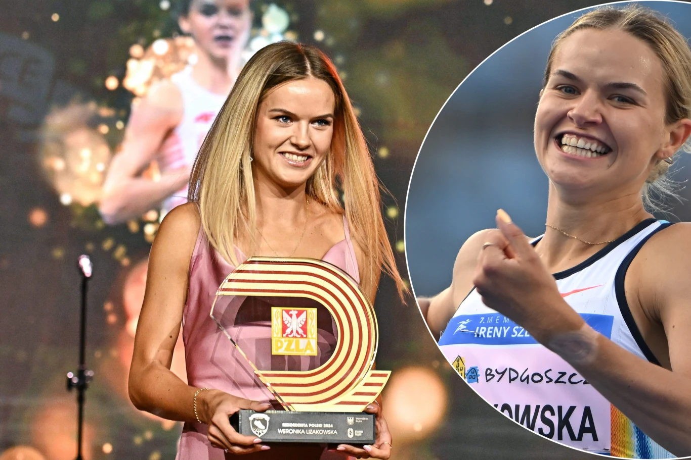 Młoda sportsmenka z długimi blond włosami trzyma puchar w rękach, uśmiechnięta pozując do zdjęcia, a w tle znajduje się jej duże zdjęcie z zawodów lekkoatletycznych; po prawej stronie widoczny jest także okrągły kadr jej zbliżenia z zawodów, w stroju s...