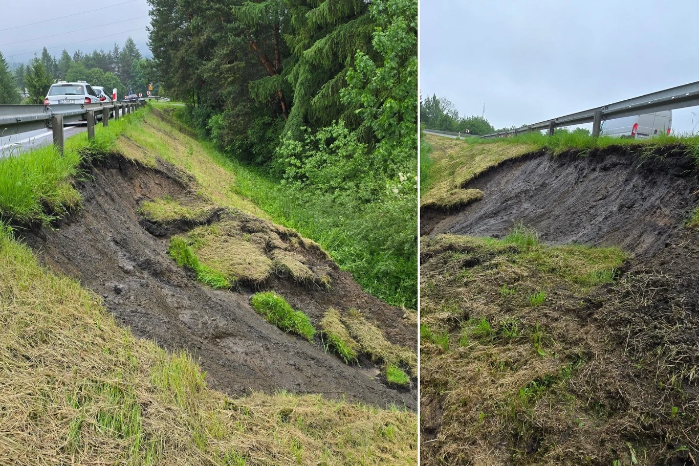 Osuwisko przy drodze krajowej numer 84 w Zagórzu. Wprowadzono tam ruch wahadłowy Osuwisko ziemi na skraju drogi, z widocznym naruszeniem pobocza, po lewej stronie samochody zatrzymane na pasie ruchu, po prawej barierka ochronna oddzielająca jezdnię od uszkodzonego terenu, w tle gęste drzewa.