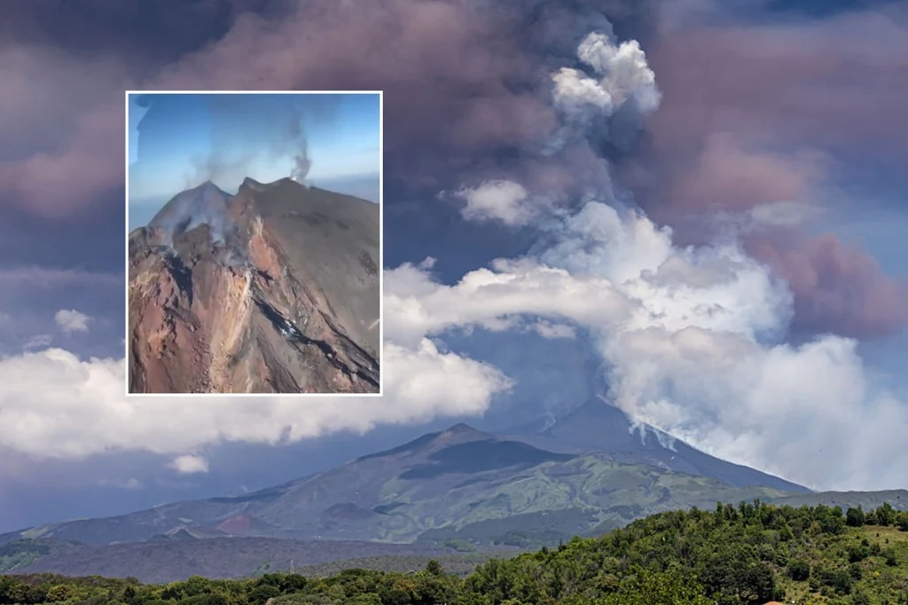 Moment erupcji wulkanu Etna oraz jego skutki. Zawaliła się część krateru Moment erupcji wulkanu Etna oraz jego skutki. Zawaliła się część krateru