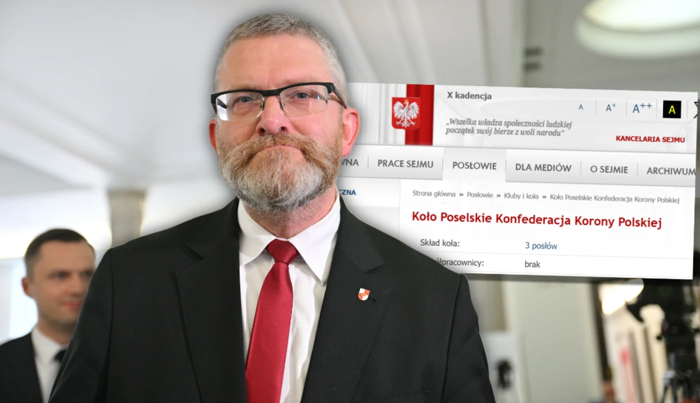 Grzegorz Braun założył nowe koło w Sejmie Mężczyzna z brodą i okularami ubrany w garnitur i czerwoną krawat, stoi w budynku sejmowym, na drugim planie widoczny ekran z informacją o Kole Poselskim Konfederacja Korony Polskiej.