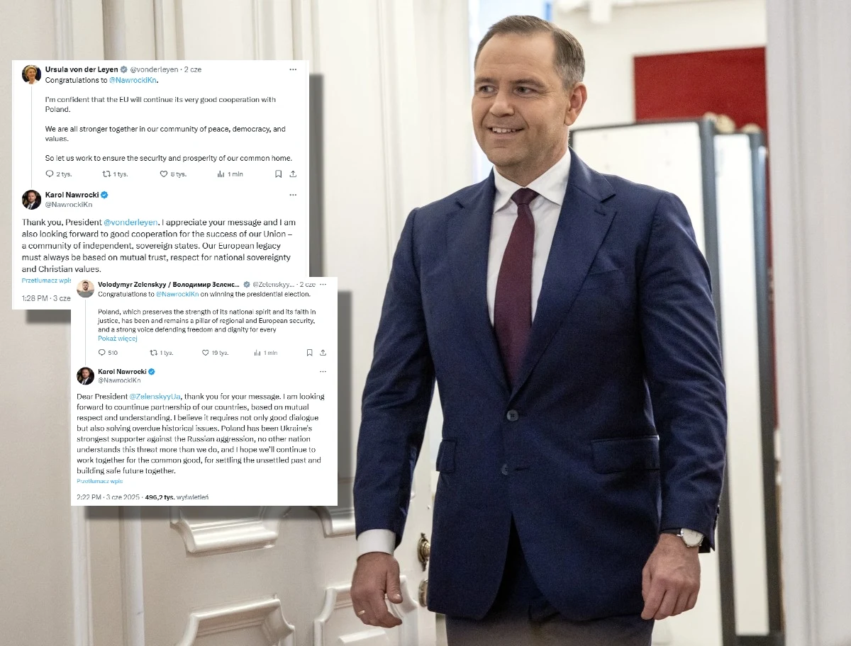 Karol Nawrocki rozpoczął dyplomatyczną ofensywę Uśmiechnięty mężczyzna w garniturze przechodzi przez otwarte drzwi w eleganckim wnętrzu, w lewym górnym rogu widoczne fragmenty wiadomości i gratulacji w języku angielskim.