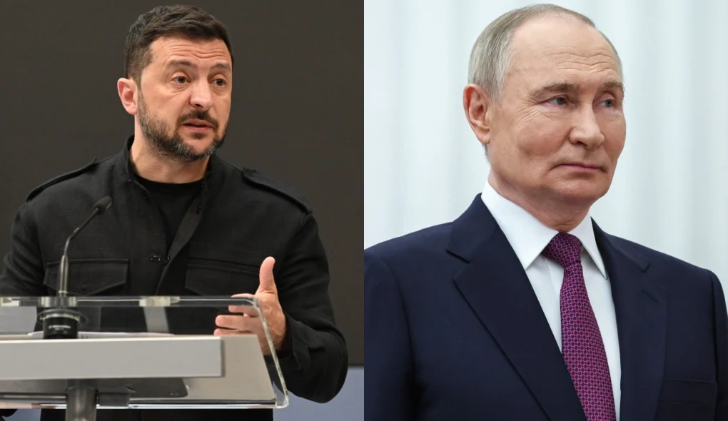 Rosja zareagowała na propozycję Zełenskiego Po lewej mężczyzna z brodą w ciemnym ubraniu przemawia przy podium z mikrofonem, po prawej starszy mężczyzna w garniturze i krawacie stoi na jasnym tle.