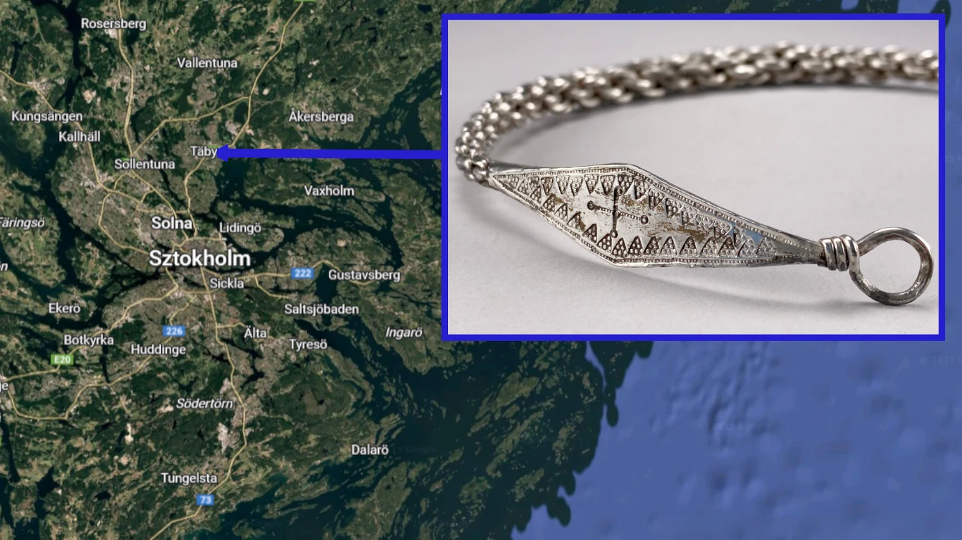 Archeolodzy znaleźli niezwykły skarb wikingów Fragment mapy obejmującej region Sztokholmu z wyróżnieniem lokalizacji oraz zbliżeniem na srebrną bransoletę o misternym zdobieniu.