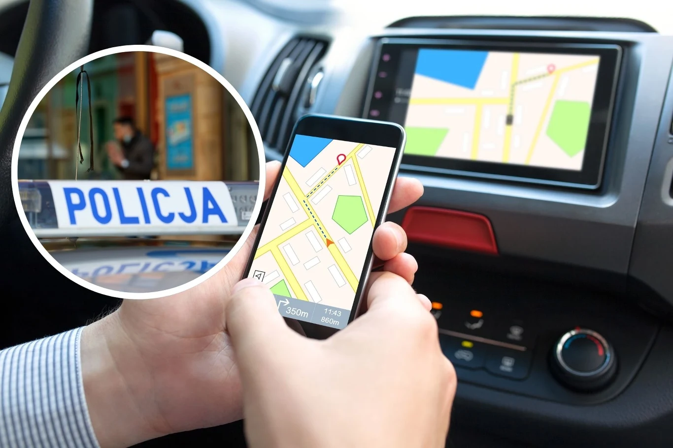 Yanosik ostrzeże nie tylko przed policją. Kierowca korzystający z nawigacji GPS na smartfonie oraz na wbudowanym ekranie samochodu, z detalem przedstawiającym policyjną taśmę z napisem POLICJA oraz rozmytą postacią w tle.