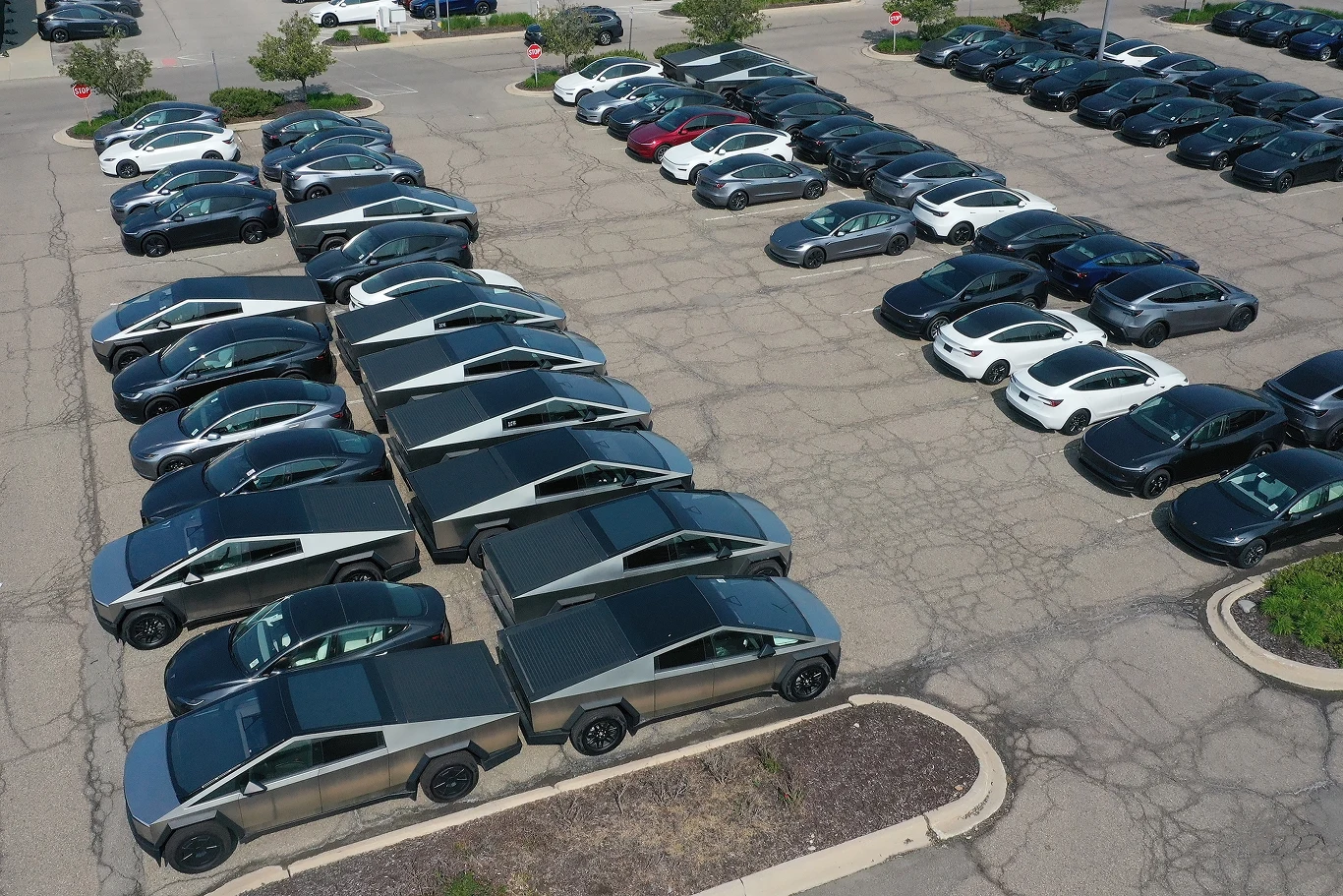 Rzędy nowoczesnych samochodów elektrycznych i futurystycznych pickupów zaparkowane na dużym parkingu, auta ustawione równolegle pośród wyznaczonych linii, asfaltowa nawierzchnia z pęknięciami, w tle kilka niewielkich drzew i trawniki.