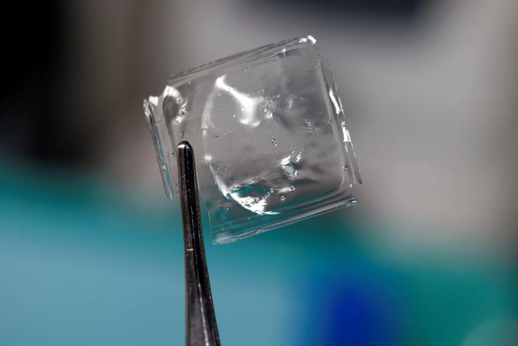 Przezroczysta kostka lodu uchwycona przez metalową pincetę na rozmytym, niebiesko-zielonym tle laboratoryjnym.