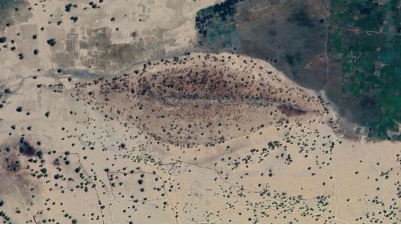 Ta sama formacja w marcu 2025 roku Widok satelitarny terenów pustynnych z charakterystycznym, owalnym skupiskiem roślinności oraz porozrzucanymi drzewami na tle jasnego, piaszczystego podłoża. Po prawej widoczne zielone pola uprawne kontrastujące z suchym krajobrazem.