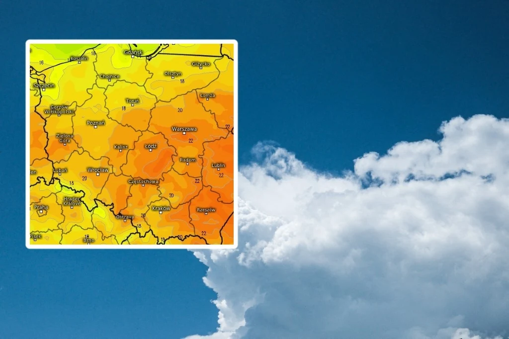 IMGW ostrzega przed wysokimi temperaturami Mapa Polski z prognozą temperatury powietrza na tle błękitnego nieba z białymi chmurami, kolorowe strefy oznaczają różne poziomy temperatur w poszczególnych regionach kraju.