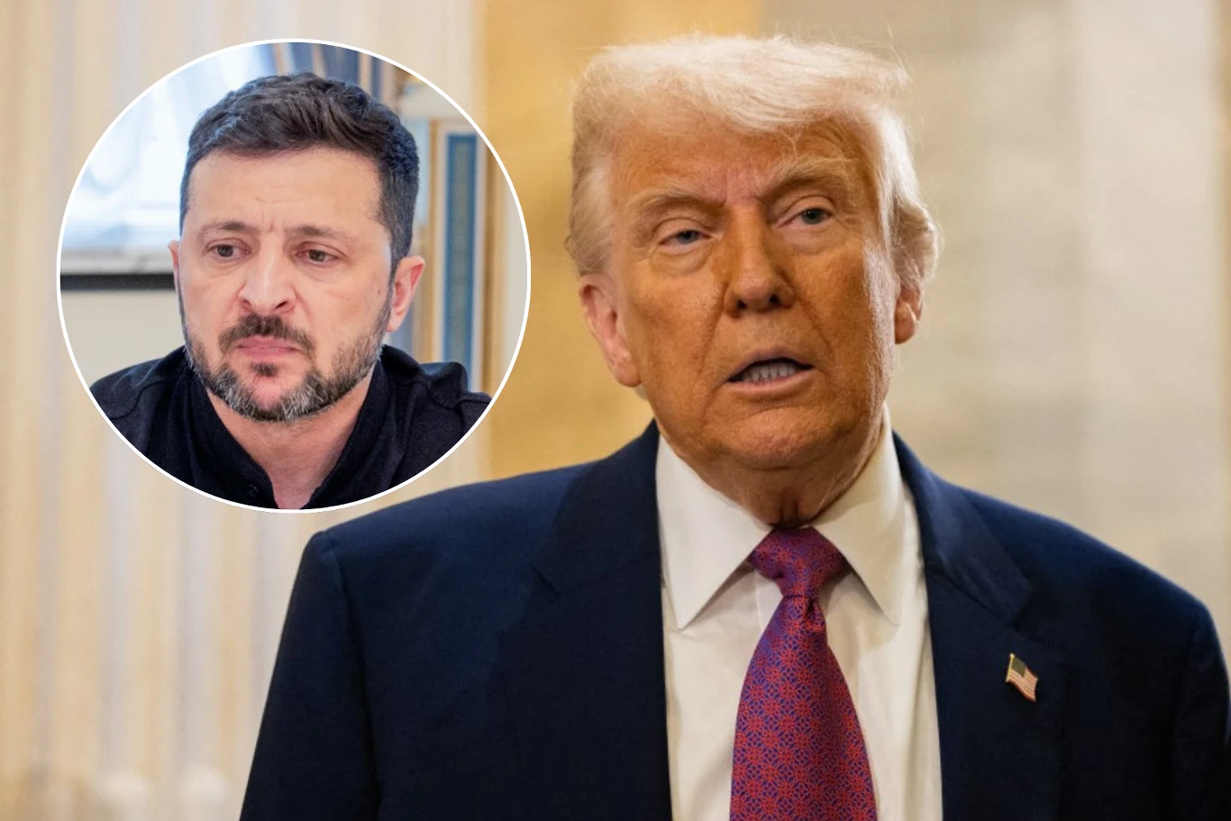 Donald Trump jest zły na Wołodymyra Zełenskiego za ataki na rosyjskie lotniska wojskowe Dwóch mężczyzn, jeden w garniturze i czerwonym krawacie na pierwszym planie, drugi widoczny w okrągłym wstawionym kadrze, z krótką brodą, ubrany na czarno.