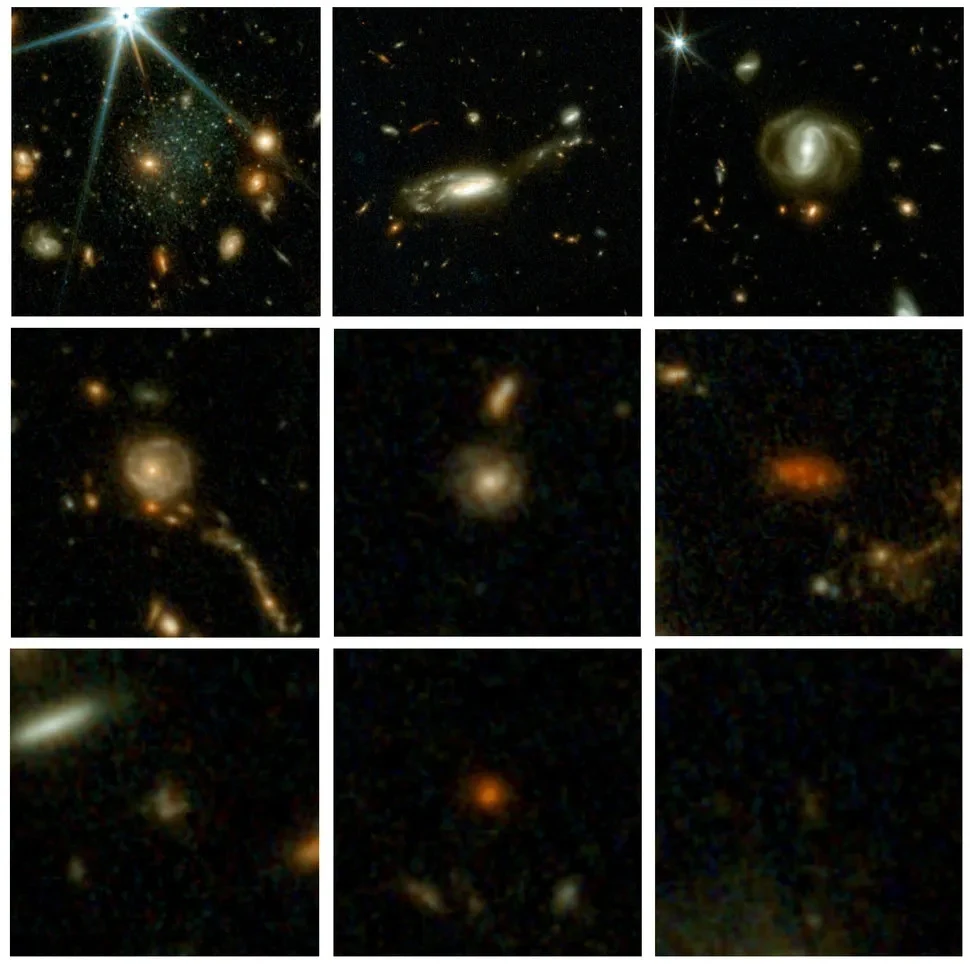 Zestaw dziewięciu obrazów prezentujących różnorodne galaktyki i skupiska gwiazd ukazane na tle ciemnego kosmosu, z widocznymi jasnymi punktami i smugami świetlnymi charakterystycznymi dla przestrzeni międzygwiezdnej.