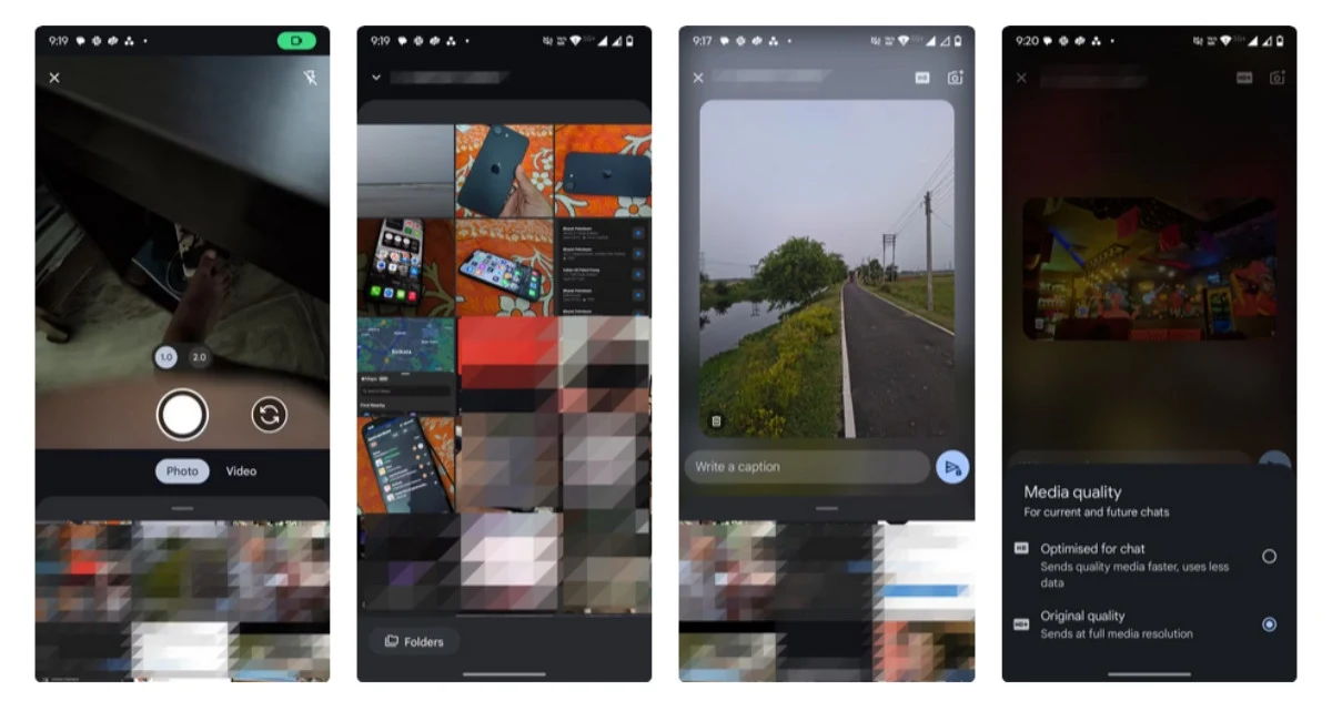 Cztery zrzuty ekranu przedstawiające różne funkcje aplikacji na smartfonie, w tym tryb robienia zdjęć, galerię z miniaturami zdjęć, edytowanie podpisu do zdjęcia oraz ustawienia jakości mediów.