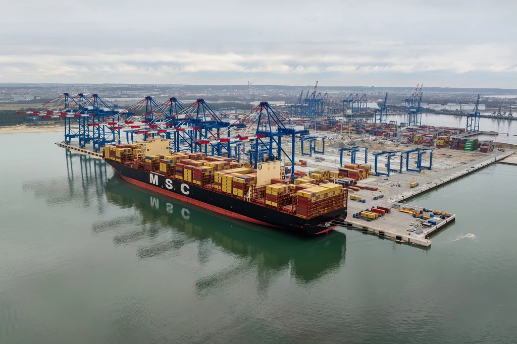 Teraz Baltic Hub dysponuje ponad 124 hektarami powierzchni, około 2,1 głębokowodnego nabrzeża Kontenerowiec MSC zacumowany przy terminalu portowym, otoczony licznymi dźwigami załadunkowymi oraz kontenerami ustawionymi zarówno na statku, jak i na placu portowym, na tle rozległego portu.